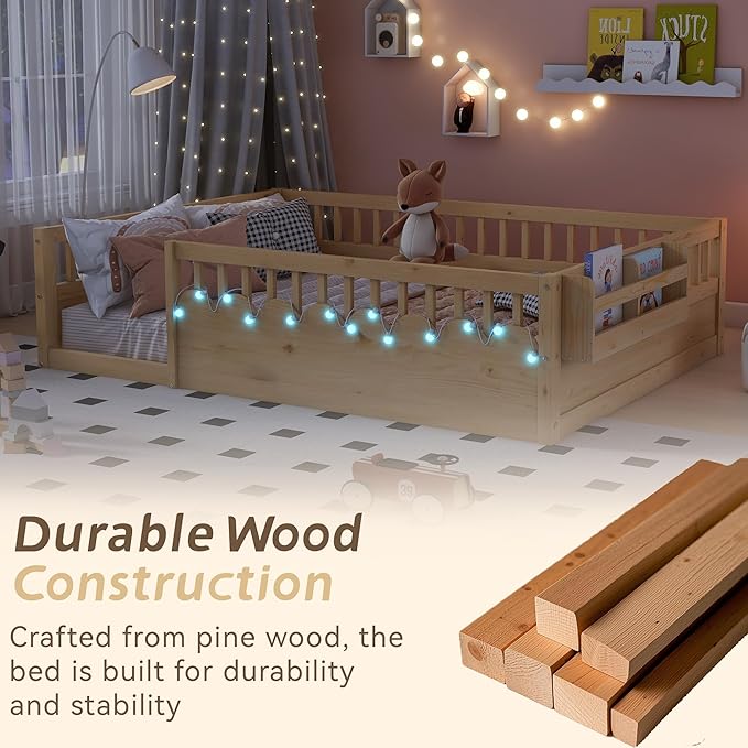 Full Toddler Floor Bed with High Rails, Wooden Montessori Bed Frame with Light and Storage Shelf, Full Size Bed Frame for Kids, Boys and Girls, Natural