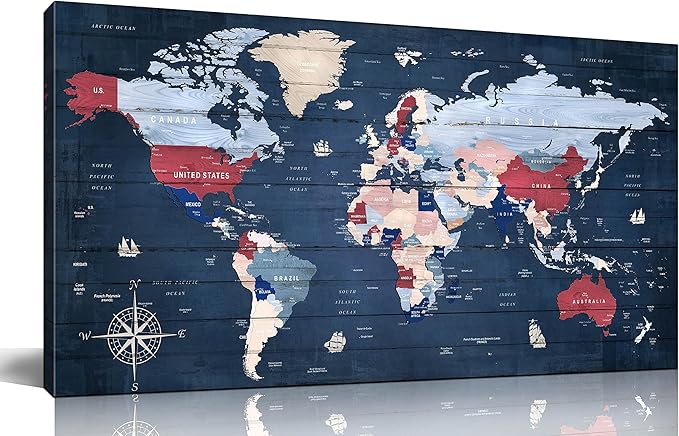 ZHAOSHOP World Maps for Wall - Blue Wall Decor for Living Room - World Map Canvas Wall Art Ready to Hang Size 59" x 29"