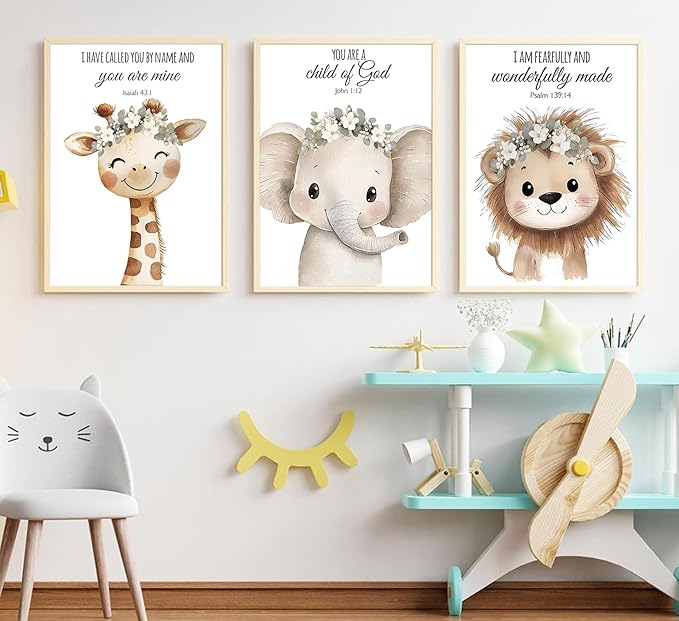 3 Pcs Nursery Bible Verse Animal Wall Art Cute Funny Safari Animals Christian Painting Picture Wall Decor Giraffe Elephant Lion Poster Print Artwork for Boys and Girls Home Decoration Unframed