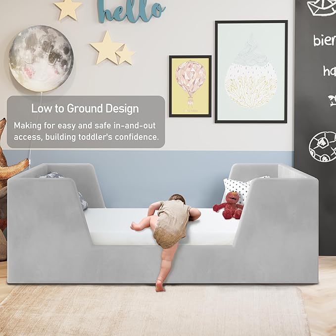 Toddler Bed, Toddler Floor Bed Frame with Guard Rails, Kids Bed for Ages 2-6 Years, Certified Fabric Beds