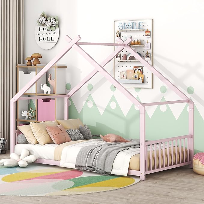 Twin Size House Shaped Montessori Platform Beds, Wood Floor Bed Frame with Roof and Fence Deisgn, Kids Double Toddler Bed for Children Boys Girls, Easy Assemble, No Box Spring Needed, Pink