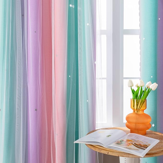 XiDi Curtains for Nursery Girls Bedroom Decor 84 Inches Long, Full Blackout for Kids Princess Room, Colorful Rainbow Design, Unicorn Wall Decor Ombre Curtains, Pink/Purple/Green, W34 X L84 2 Panels