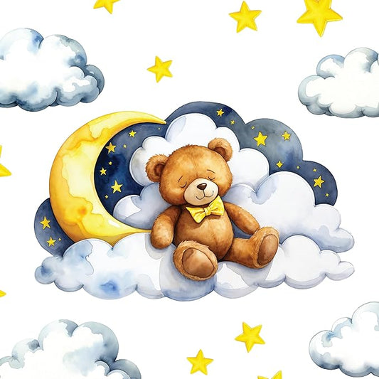 Boho Nursery Wall Decals - Dreamy Watercolor Teddy Bear Sleeping on Cloud | Multi-Piece Set with Clouds, Moon & Stars | Removable Fabric Wall Art for Kids Room