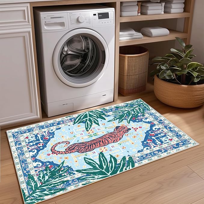 2x3 Washable Non-Slip Blue Tiger Rug for Bathroom Kitchen Entryway Whimsical Animal Cheetah Print Jungle Rug Boho Vintage Soft Cozy Tropical Woodland Small Carpet for Hallway Laundry Room