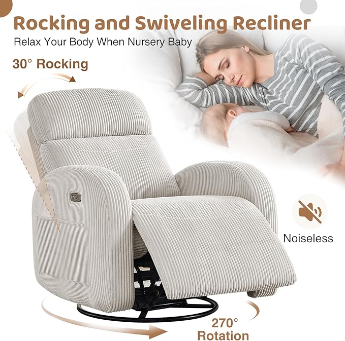 Power Swivel Rocker Recliner Nursery Glider Recliner, Swivel Glider Recliner with USB & Type-C Port, Reclining Nursery Rocker with Double Pockets for Living Room, Camel, Corduroy