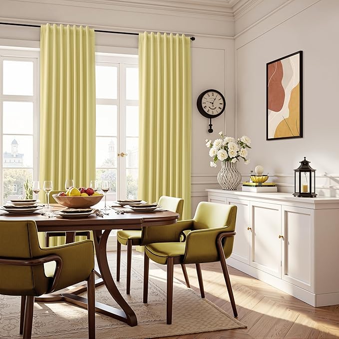 Guken Yellow Linen 100% Blackout Curtains 102 Inch Long for Living Room 2 Panels Linen Textured Light Blocking Thermal Insulated Back Tab Pinch Pleat Curtain Hooks Patio Drapes for Sliding Door 52x102