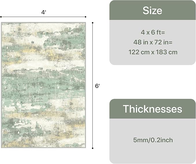 GENIMO 4x6 Rug for Entryway Washable Area Rug, Modern Abstract Small Rugs for Entrance Living Room, Bedroom Beside Rugs, Non-Slip Low Pile Lightweight Soft Carpet, Light Green