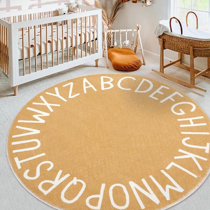 Topotdor Round Kids Play Rug Alphabet Nursery Area Rug Extra Large Soft Crawling Play Mat for Children Toddlers Bedroom (63 inch, Brown)