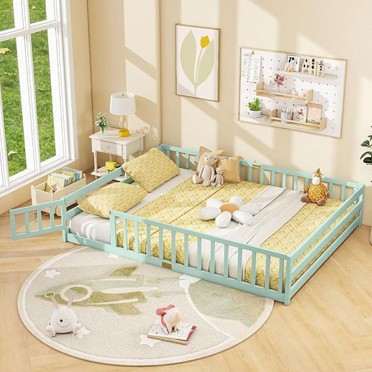 Giantex Queen Floor Bed with Door & Fence, Kids Wood Montessori Beds with Safety Guardrails, Floor Bed Twin for Kids, Boys, Girls, No Box Spring Needed, Mint Sky