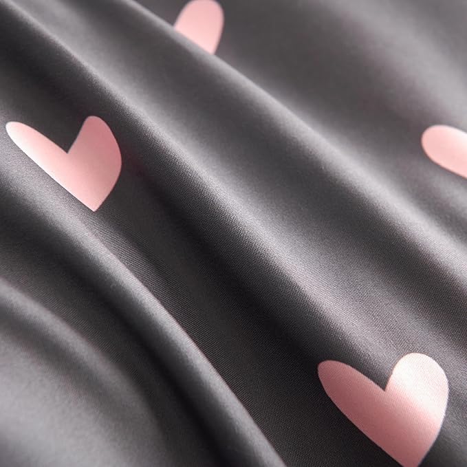 Heart Duvet Cover Queen Size Grey Pink Love Print Bedding Set Cute Hearted-Shaped Breathable Durable Soft Reversible Comforter Cover