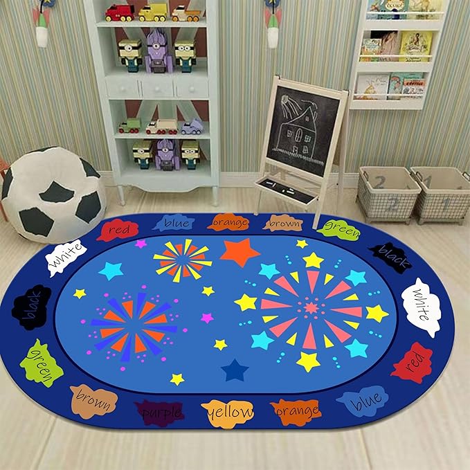 Kids Educational Rug, 3x4ft, Children's Area Rugs for Learning Colors and Shapes, Stars Firework Pattern Oval Rug for Classroom Playroom, Soft Non-Slip Blue Floor Mat for Boys Girls Bedroom