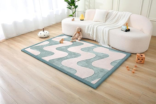 Stylish Coral Baby Play Mat for Floor 47" x 67" Waves – Soft 1" Thick High-Density Memory Foam Nursery Rug,Kids Rug with Non-Slip Backing for Crawling & Playing, Playroom Rug, Kids Carpet