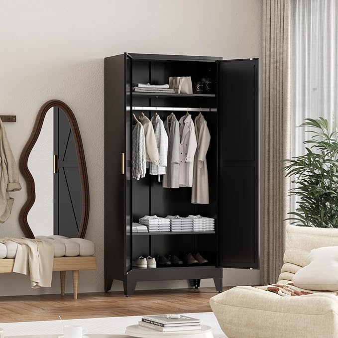 71'' Farmhouse Metal Wardrobe Cabinet with Hanging Rod, 2 Barn Door Wardrobe Closet with 2 Adjustable Shelves,for Dining Room,Bedroom,Living Room, Cloak Room,Office (Black)