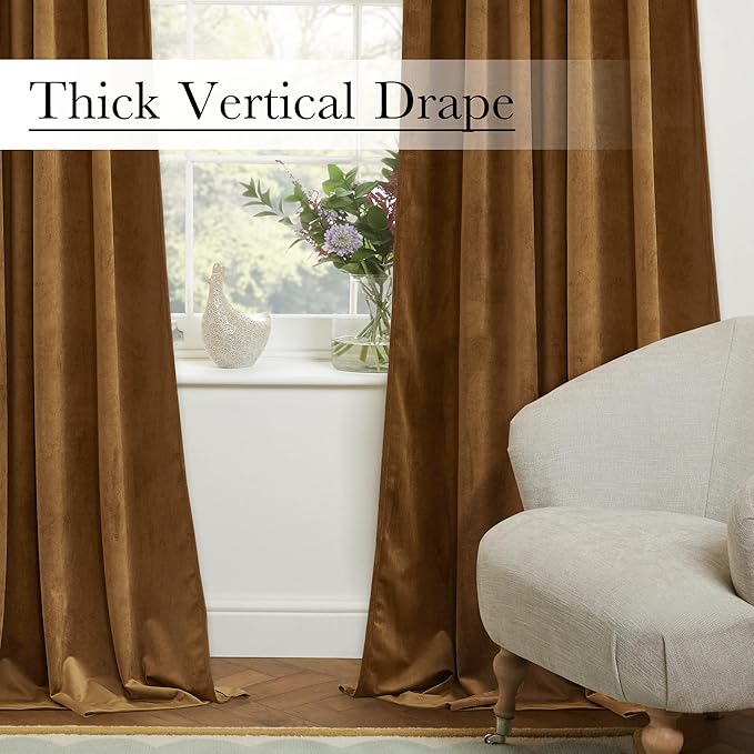 StangH Gold Brown Velvet Blackout Curtains for Sliding Door, Luxury Heavy Thermal Insulated Noise Reducing Window Drapes for Theater/Living Room/Bedroom/Patio, W100 x L96, 1 Panel