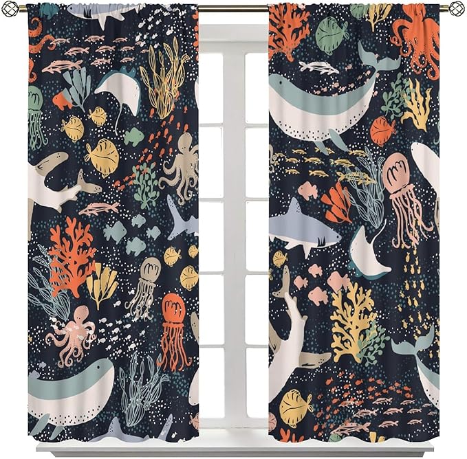 Sea Animals Curtain Cartoon Fish，Undersea Cute Whales Dolphin Underwater Wild Life Blue Ocean Boys Girls Waterproof Polyester Fabric Bedroom Decoration Set 2 Panels,84x84 Inches