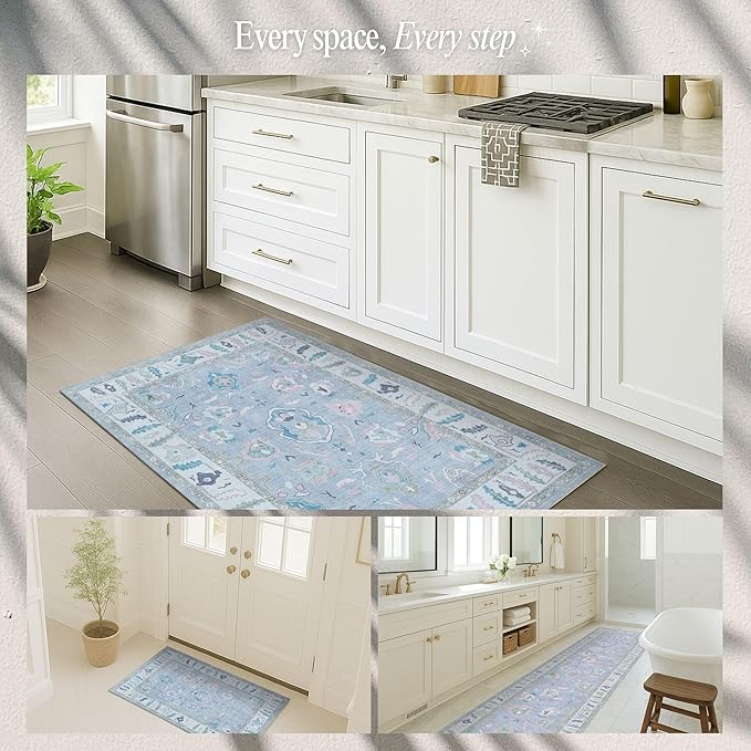 Fame Rugs Lavender Modern Oushak Rug 2x3, Vintage Doormat Turkish Colorful Oriental Antique Inspired Washable Small Area Rug, Luxury Living Room Bedroom (386PBL, 2' x 3')