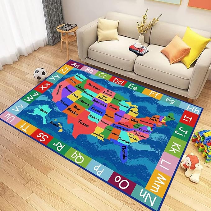 USA Map ABC Kids Rugs for Playroom,5x8ft,Soft Durable Non-Slip Machine Washable Nursery Rug for Preschool Education Toddler Kids Bedroom Large Classroom Children's Carpet Mat
