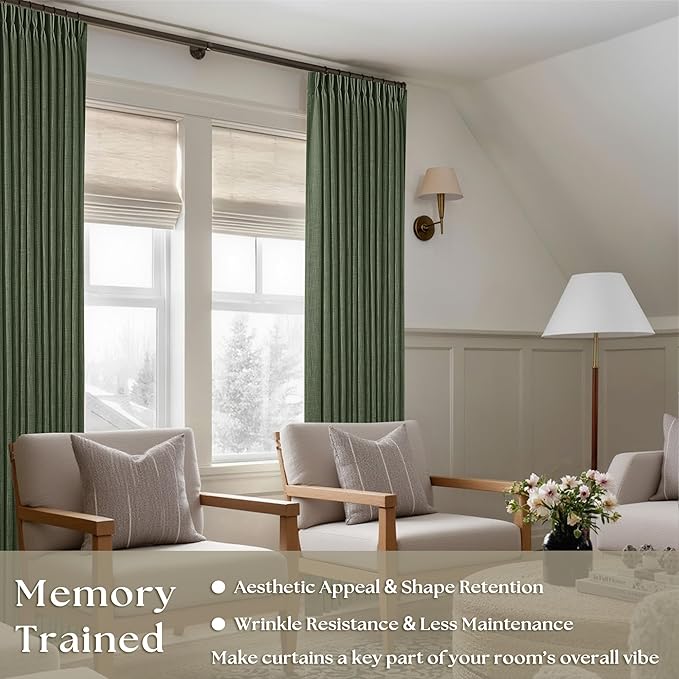 108 Inch Linen Pleated Curtains 2 Panels Set for Living Room Bedroom Farmhouse Cotton Rustic Farmhouse Back Tab Memory Trained Pinch Pleat Window Curtain Olive Green 108 Inch Length for Office 9FT