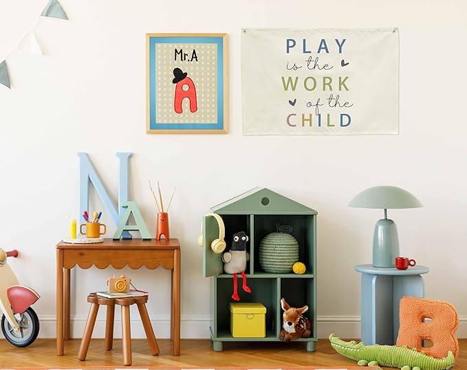 Play Is the Work of the Child-Playroom Rectangular Canvas Banner Flag Poster Wall Decor for Baby Boy Girl Kids,Playroom Nursery Home Bedroom Reading Room Decor-Birthday Baby,Shower Christmas Gift