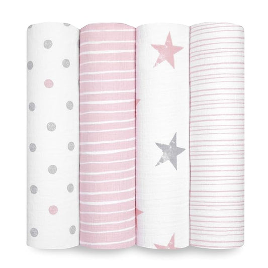 aden + anais Essentials Muslin Swaddle Blankets for Baby Girls and Boys, Newborn Receiving Blanket for Swaddling, 100% Cotton Baby Swaddle Wrap, 4 Pack, Doll