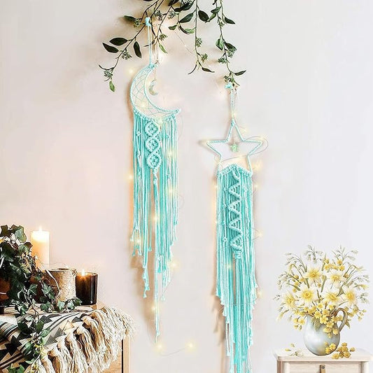 Moon Star Dream Catcher Decor,2pcs Boho Home Moon Star Dreamcatcher,Macrame Wall Hanging Boho Home Decor for Kids Baby Bedroom Decoration for Women Girls Friends Craft Christmas Gifts Green