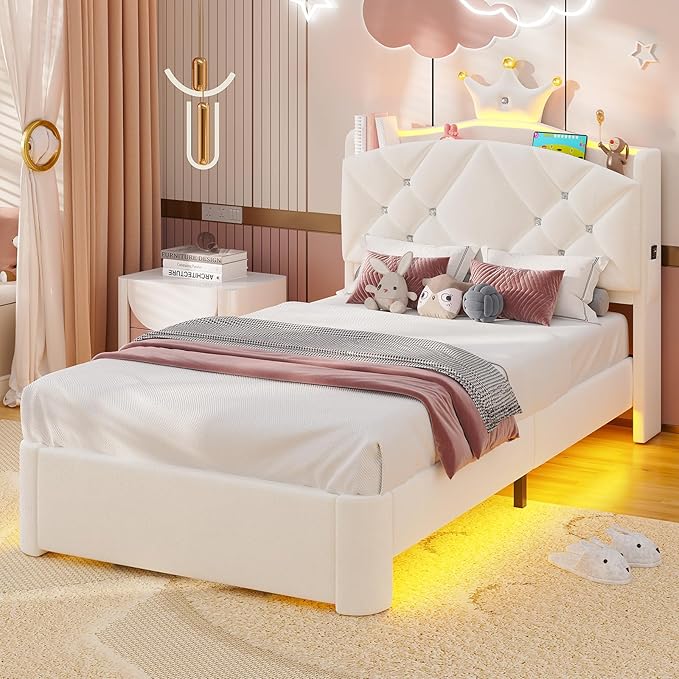 MSmask Twin LED Bed Frame with Storage Headboard & Drawer, Princess Upholstered Bed with Charging Station & Crystal Button & Crown, Velvet Platform Bed for Girls, Solid Wood Slats, Curved Legs, White