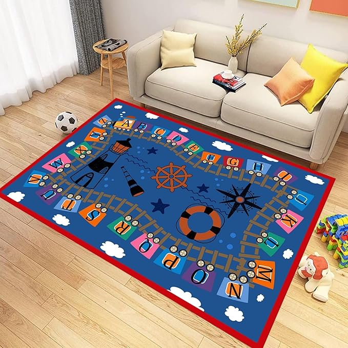 6x9ft Machine Washable Kids Area Rugs for Playroom Nursery ABC Children's Rug Lighthouse Telescope Compass Printing Preschool Education Carpet for Bedroom Blue Rug