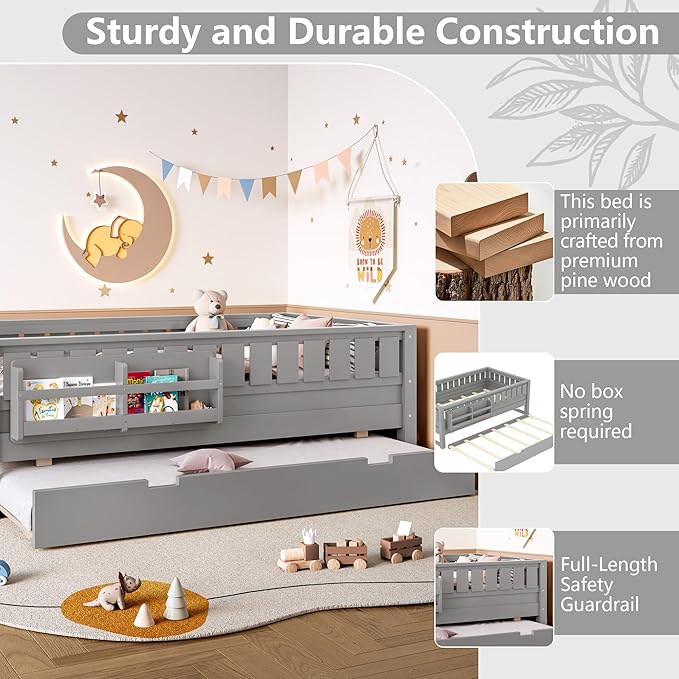 Bellemave Twin Bed with Trundle Twin and Stairs, Twin Size Platform Bed Frame with Fence and Bookshelf, Easy Assemble Beds for Kids, Girls, Boys, Gray