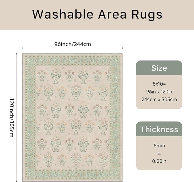 GENIMO Green Floral Area Rug 8x10, Flower Vintage Washable Rug with Non-Slip Backing, Soft Green Carpet for Living Room, Bedroom and Dining Room Green&Pink