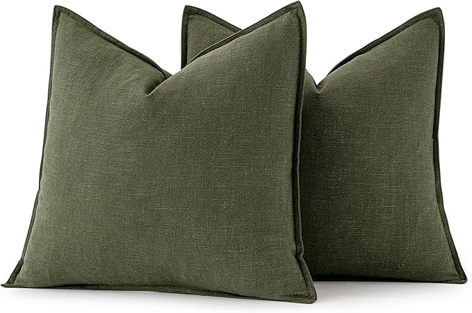 MIULEE Decorative Linen Euro Sham Pillow Covers 22x22 Inch Dark Olive Green Boho Farmhouse Neutral Christmas Couch Throw Pillows for Bed Pack of 2 Accent Modern Pillowcase Sofa Livingroom Home Decor