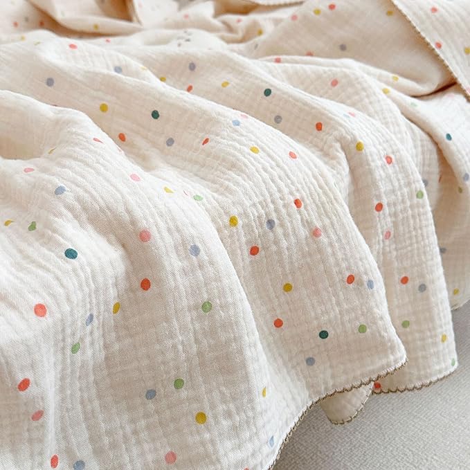 BuLuTu Muslin Blankets for Toddler Baby Boys Girls 100% Cotton Toddler Quilt Baby Blanket Reversible Nursery Crib Blanket, Soft Breathable, Colorful Dots Pattern, 47"x51"