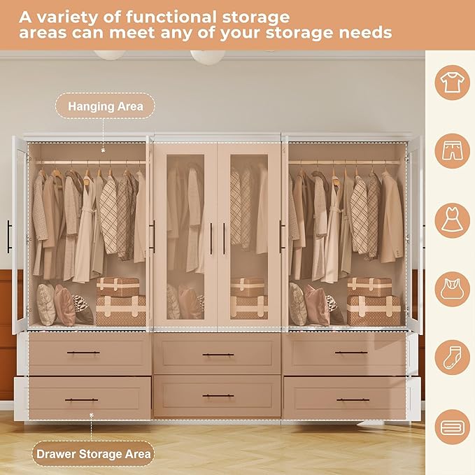 Armoire Wardrobe Closet with 6 Door: White Wood Wardrobe Closet Wooden Transparent Door 6 Drawer Cabinet Bedroom Armoire with Hanging Rods for Home/Bedroom/Living Room
