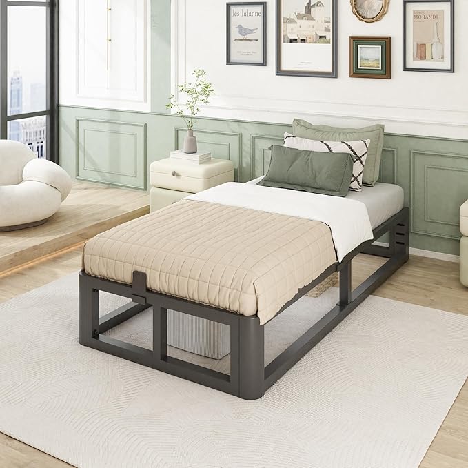 Metal Heavy Duty 12 inch Twin Bed Frame with Rounded Corner and Headboard Hole Mattress Retainers 3500 LBS No Box Spring Needed Platform Noise Free Easy Assembly
