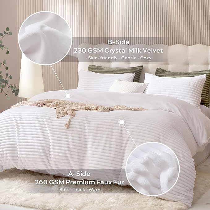JELLYMONI Plush Duvet Cover Set - King Size Pure White Striped Fluffy Comforter Cover 3pcs Bedding Set Luxury Ultra Soft Faux Fur Duvet Cover with Zipper and 2 Pillowcases (NO Comforter)