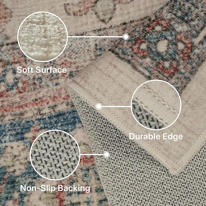 GENIMO Area Rugs 8x10 Clearance, Boho Living Room Rug with Non-Slip Backing, Machine Washable Low Pile Indoor Carpet for Bedroom, Dining Room, Nursery Room, Teal&Red