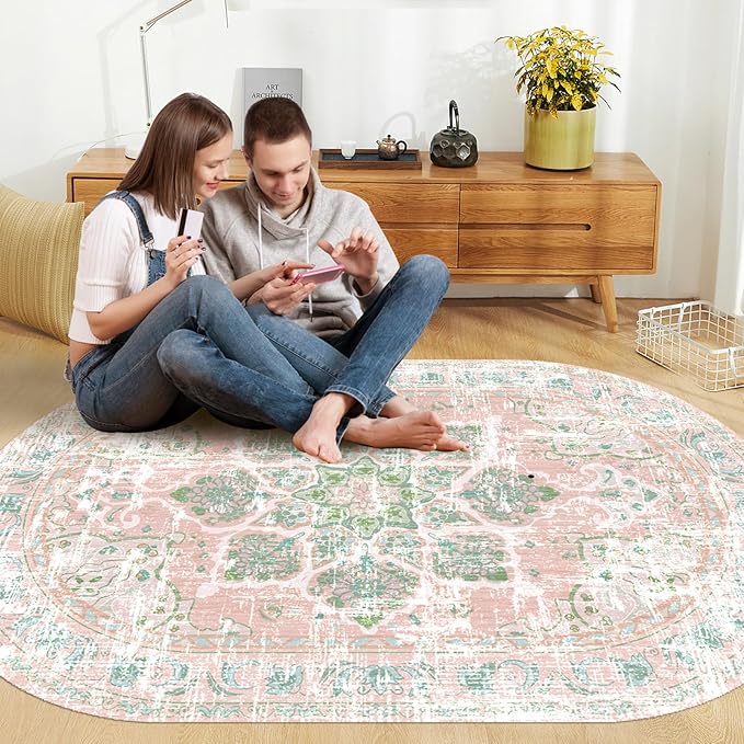 Vhong Washable Boho Area Rugs Vintage Modern High Traffic Carpet Dusty Pink and Green 4×6 Oval Non Slip Rugs for Dinning Room Living Room Bedroom Farmhouse
