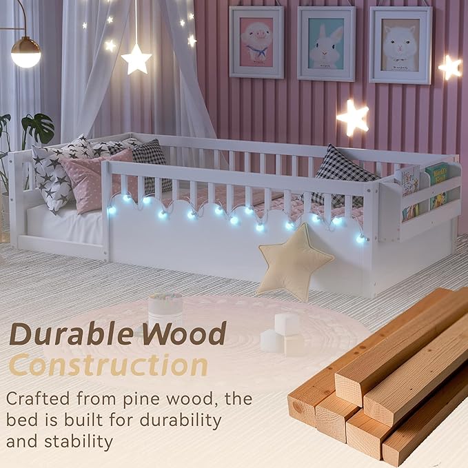 Twin Toddler Floor Bed with High Rails, Wooden Montessori Bed Frame with Light and Storage Shelf, Twin Size Bed Frame for Kids, Boys and Girls, White