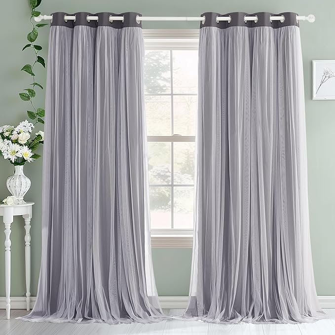 PONY DANCE Blackout Curtains 72 Inches Long - White Sheer Overlay Thermal Insulated Curtains for Living Room Sliding Glass Door, Cortina para Sala (W52 x L72 inch, Grey, One Pair Grommet Drapes)