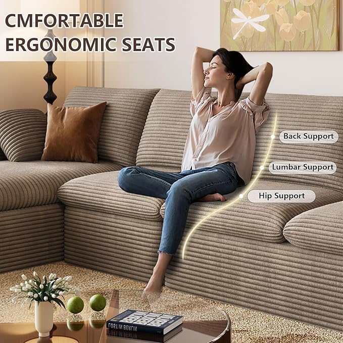 136 Inch Cloud Sectional Couch, Modern Modular Sectional Sofa with Deep Seat, Corduroy Boneless Couches with L-Shape Chaise for Living Room Bedroom, No Assembly Required (Camel, Left Facing Chaise)