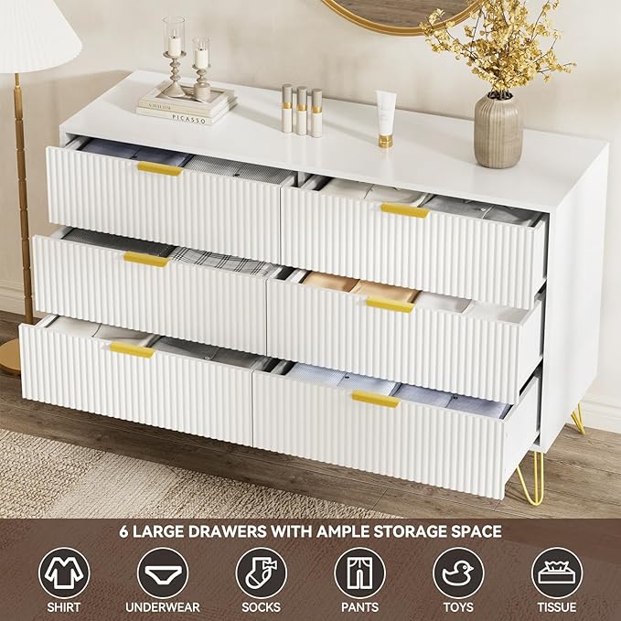 LYNSOM Fluted Dresser for Bedroom, White 6 Drawer Dresser with Gold Handles and Wide Drawers, Wood Chest of Drawers for Bedroom, Hallway