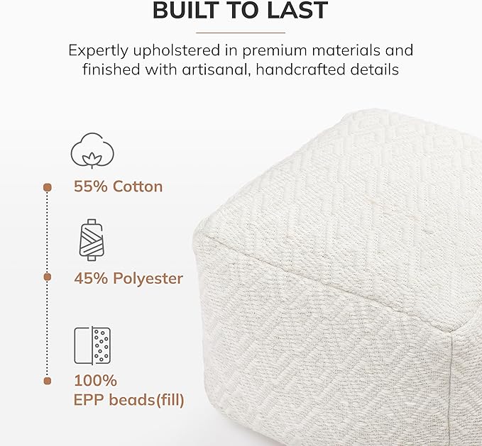 Anji Mountain 100% Handmade & Handcrafted Comfortable Home Décor Pouf Ottoman Footrest for Living Room, Bedroom, Nursery, Kidsroom, Patio Furniture - (22" x 22" x 16" - Ivory)