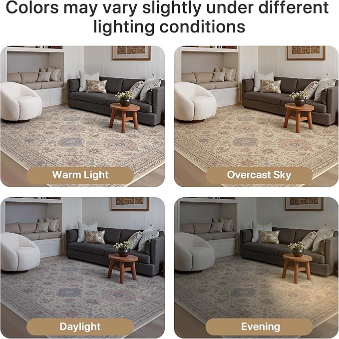 GENIMO Vintage Area Rug 8x10, Boho Living Room Rug with Non-Slip Backing, Machine Washable Low Pile Indoor Carpet for Bedroom, Dining Room, Nursery Room, Ivory Pink