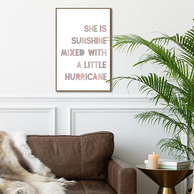 PHAMTE Girls Bedroom Wall Art Framed,She is Sunshine Mixed with a Little Hurricane Girly Room Wall Art Decor, Sunshine Boho Print Framed Canvas Painting Dorm Bedroom Nursery Playroom Decor 16x24in
