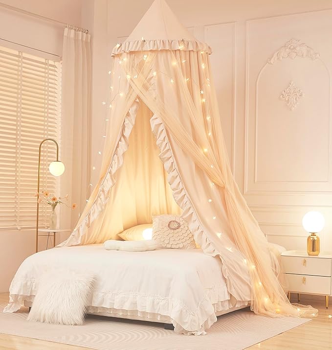 Mengersi Bed Canopy for Girls Kids,Double Canopy Bed Curtains Round Dome Mosquito Net Castle Play Tent Castle for Girls Room Decor (Ivory/Double)