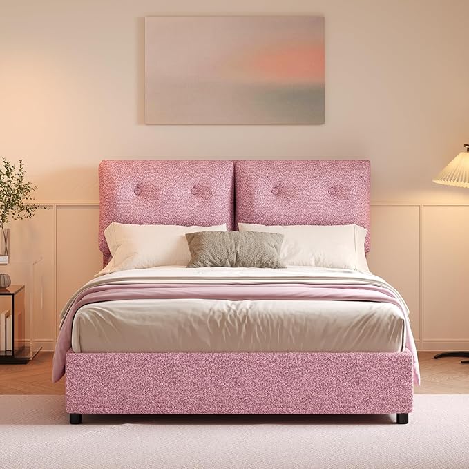 Queen Bed Frame with Headboard, Cloud Boucle Upholstered Bed Frame, Modern Soft Style, Adjustable Headboard, No Box Spring Needed, Easy Assembly, Pink