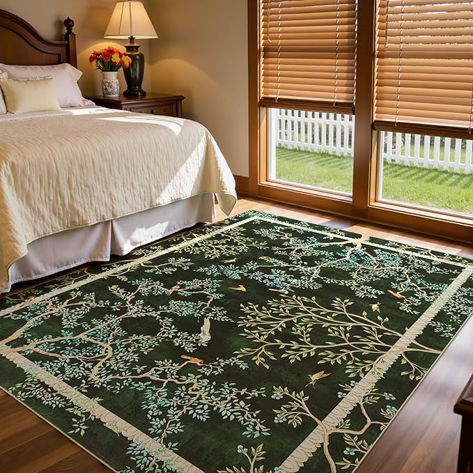 jinchan Yarden Botanical Birds 8x10 Moss Green Christmas Area Rugs for Living Room - Washable Non-Slip Soft Nature Plants Modern Kids Carpet,Vintage Low Pile Indoor Rug for Bedroom Nursery