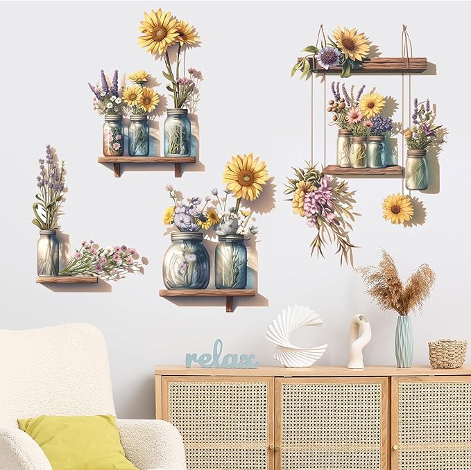 Sunflower Wall Decals 3D Flower Wall Stickers Potted Plant Floral Wall Decal Peel and Stick Flower Window Clings Vinyl Removable for Bedroom Nursery Decoration