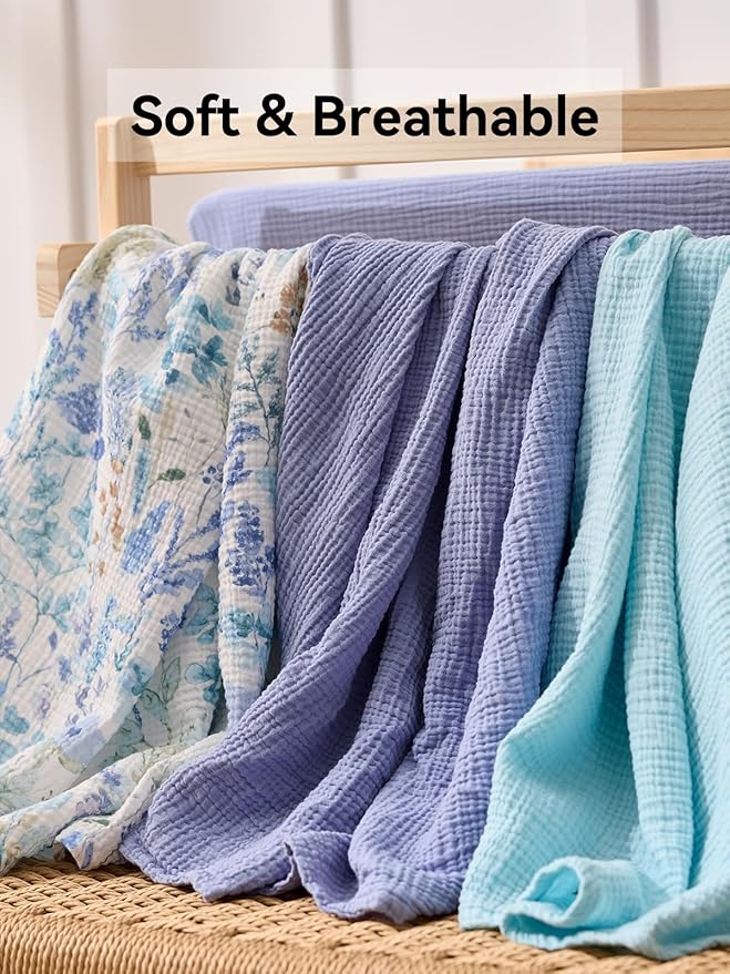 TILLYOU 3 Pack Muslin Swaddles for Newborns Baby Blankets for Girls Boys Cotton Swaddle Blankets 40"X40", Blue Flower