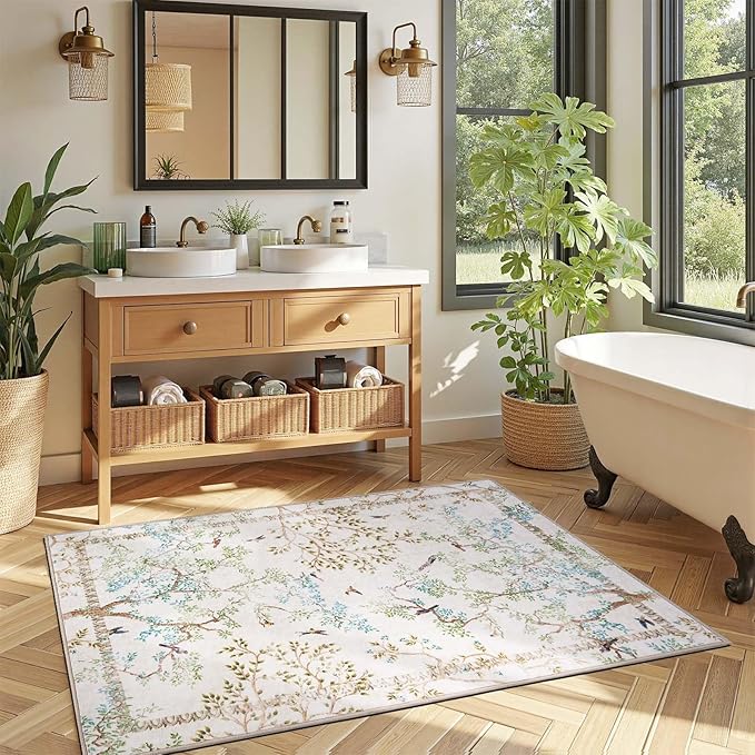 jinchan Yarden Botanical Birds 3x5 Ivory Area Rugs for Entryway Washable Non Slip Soft Nature Plants Modern Kids Room Carpet Vintage Ultra Thin Low Pile Rug for Living Room Kitchen Bathroom Front Door