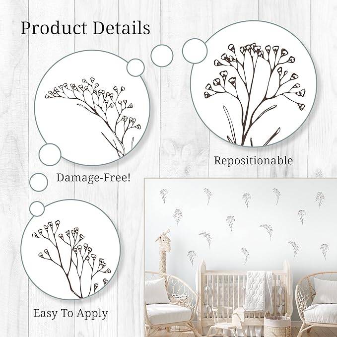 Floral Wall Decals - Set of 12 Large 10" Brown Floral Vinyl Wall Stickers for Kitchen Bedroom Living Room Laundry Bathroom Decor Removable Peel and Stick Indoor Wall Decor